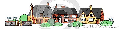 Old english village scene. Color vector sketch hand drawn illustration. Cartoon outline houses facades, fence and plants Vector Illustration